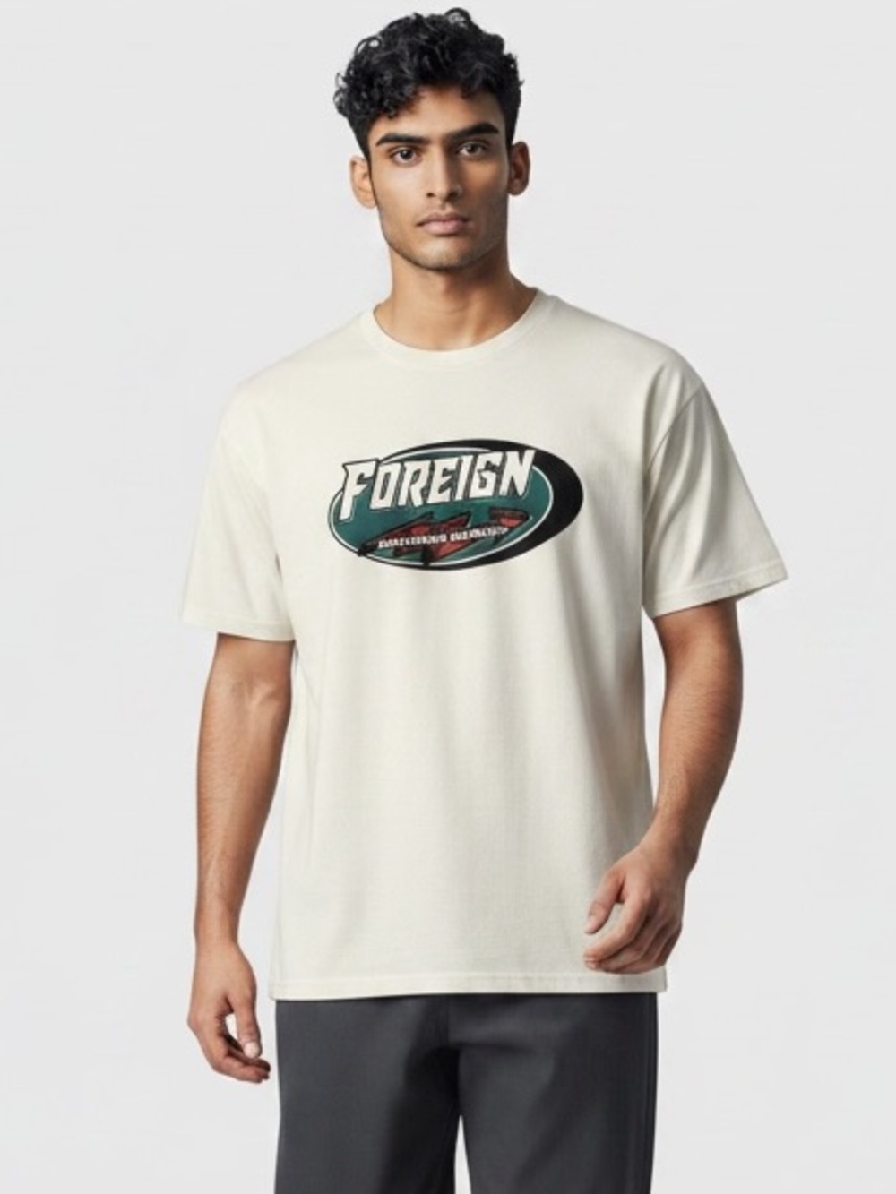 Foreign NWOT White Short-Sleeve Tee with Green & Black Oval Logo
